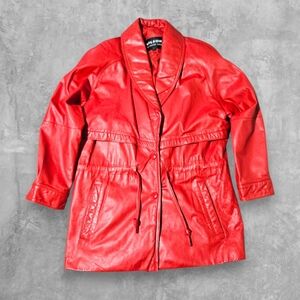 80s Wilsons 100% Leather Red Jacket Sz XS Full Snap Drawstring Waist Biker Moto